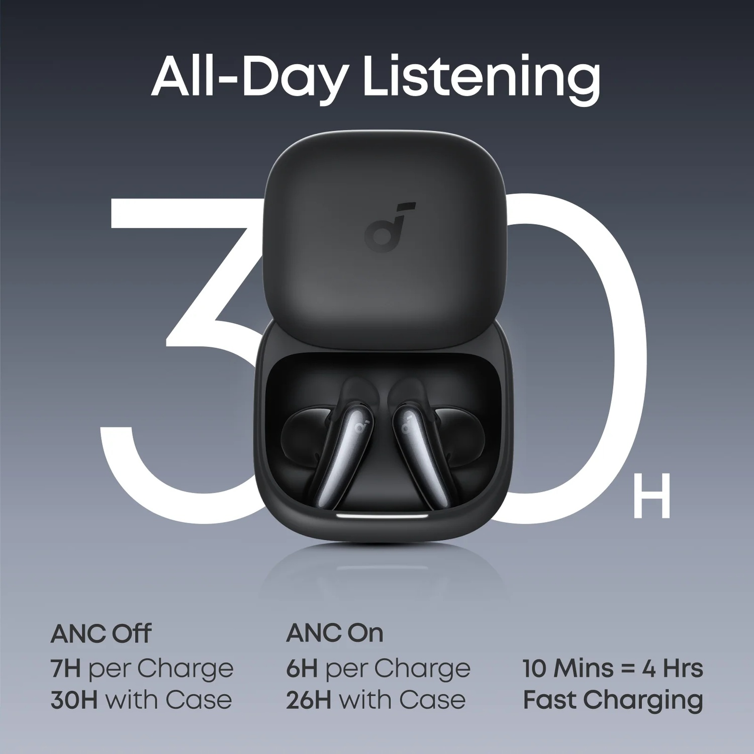 Black wireless earbuds in a charging case with battery life text.