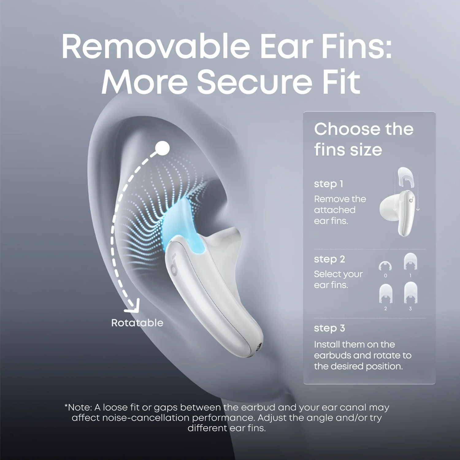 Illustration of an ear with white earbuds and removable ear fins.