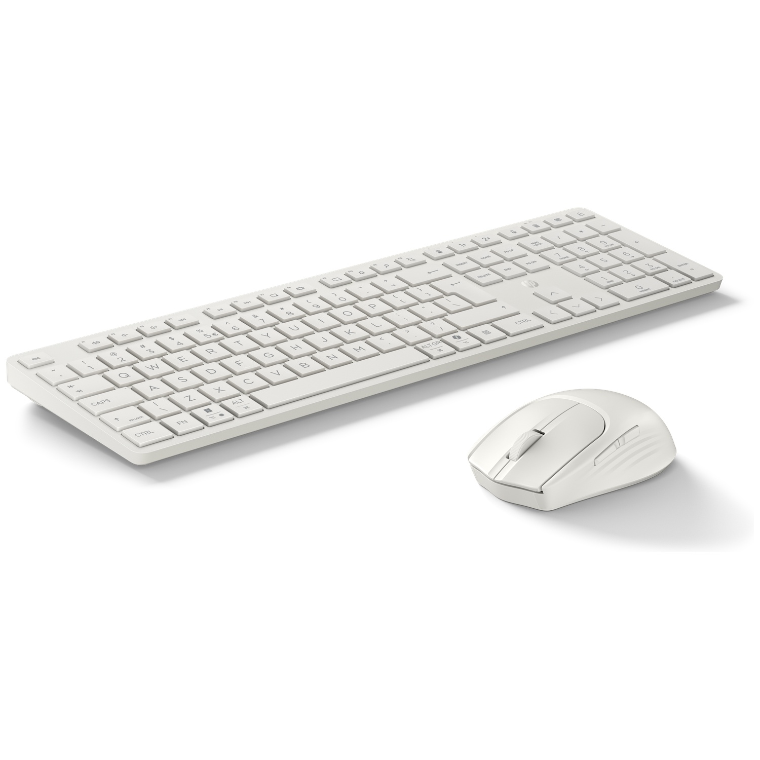A white wireless keyboard and mouse set on a white background.