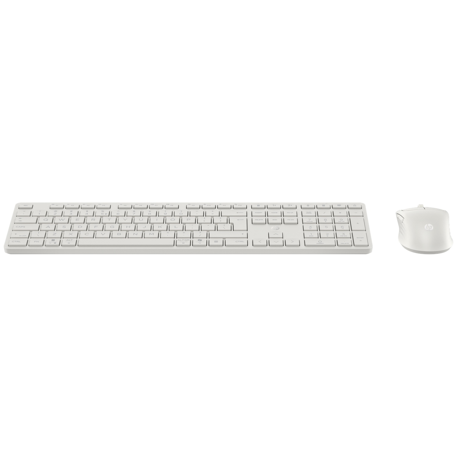 A white wireless keyboard and mouse set on a white background.