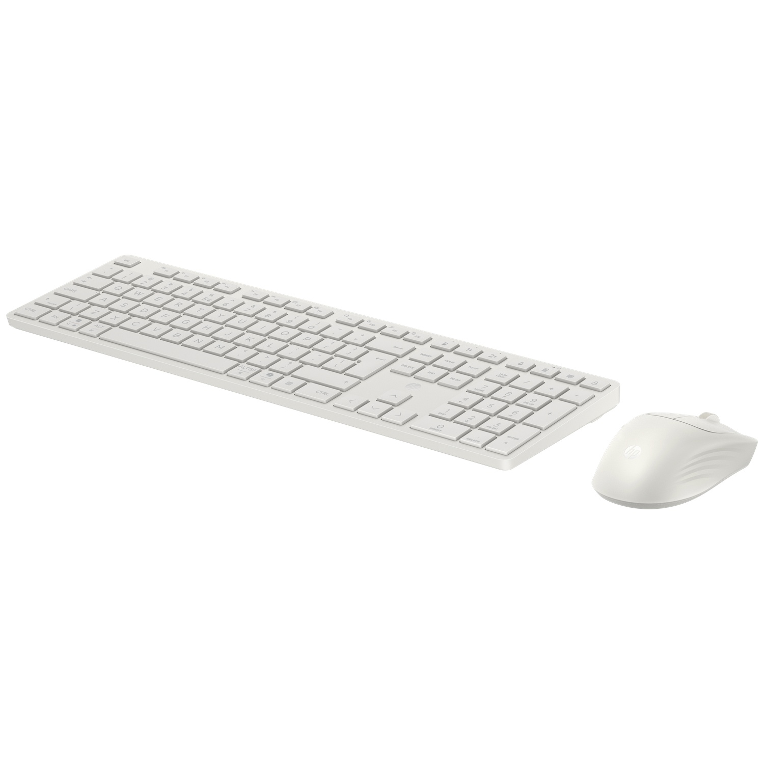 A white wireless keyboard and mouse set rests on a white background.