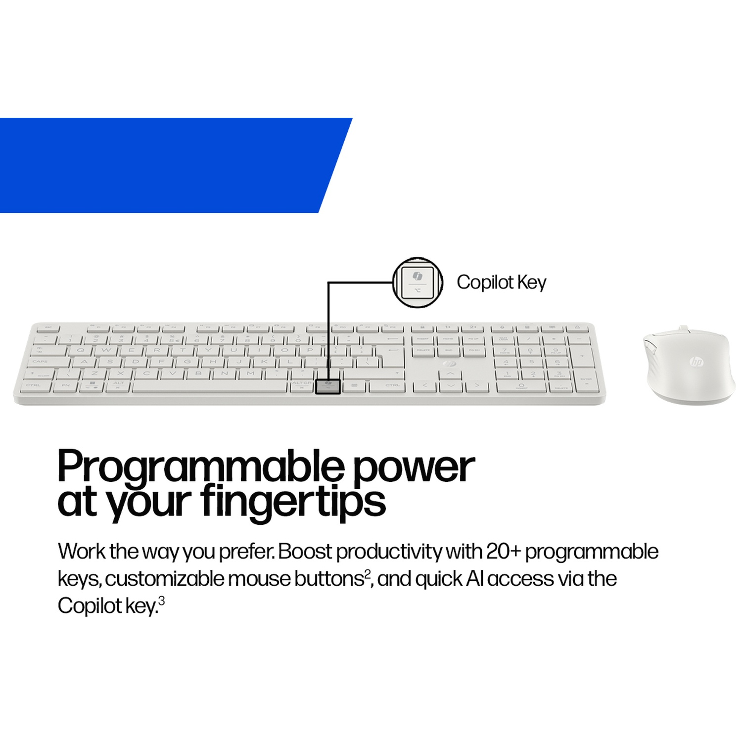 A white keyboard and mouse with a Copilot key are shown.