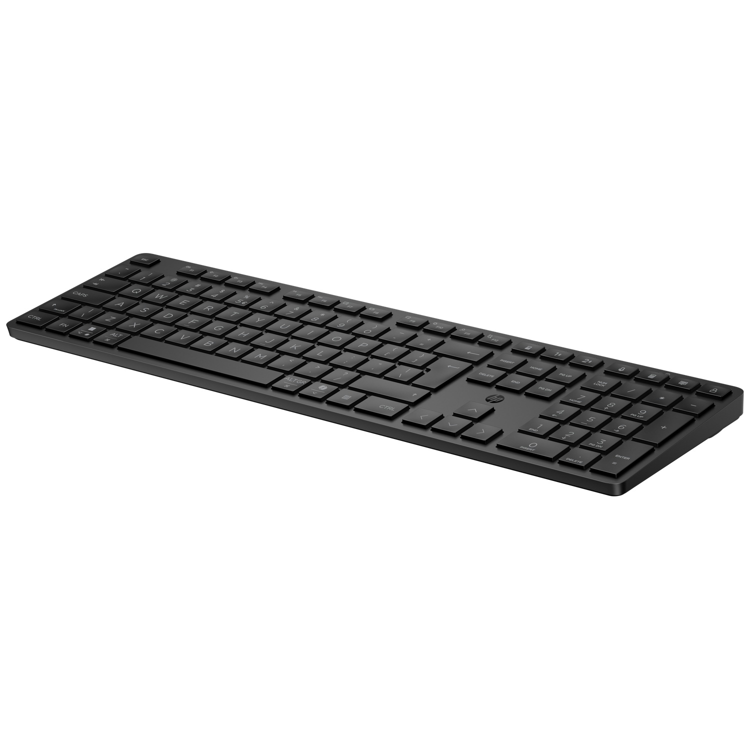 A black, flat computer keyboard on a white background.
