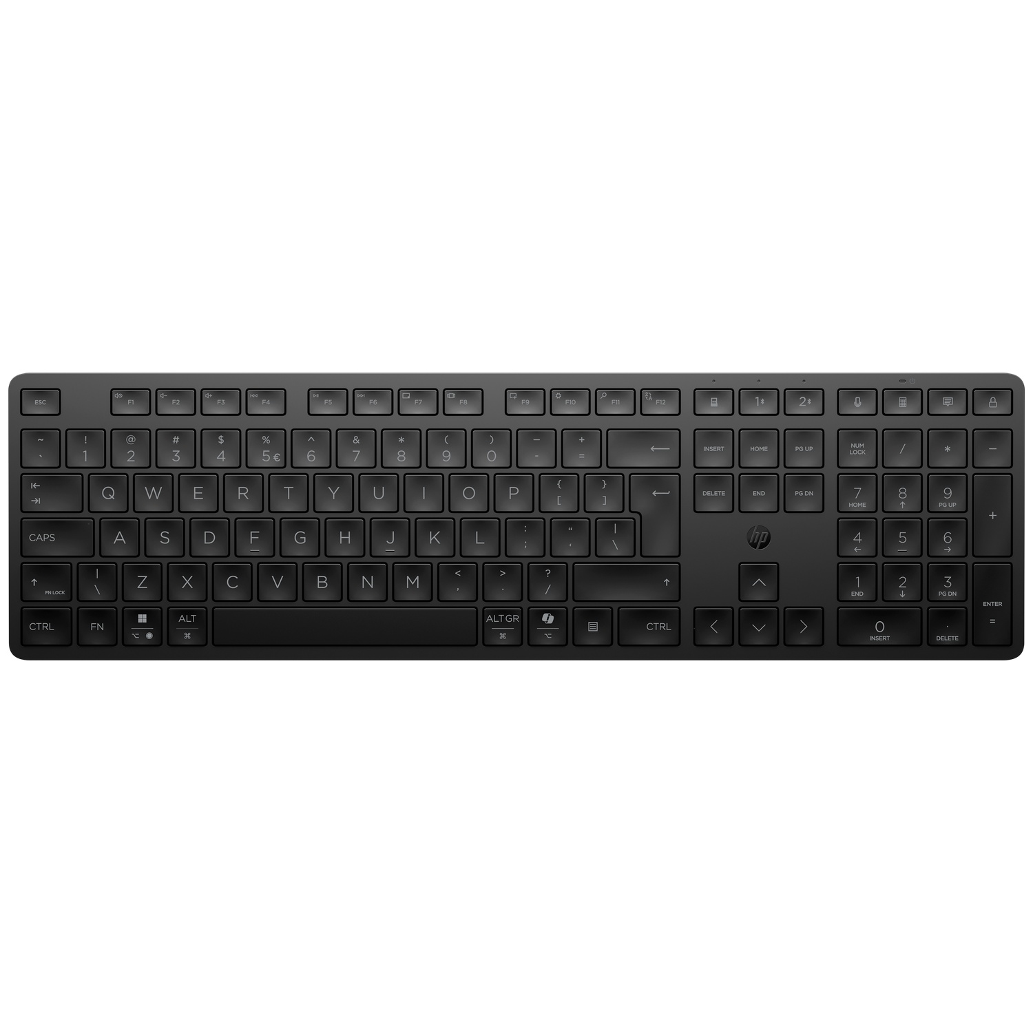 A black keyboard with a numeric keypad and HP logo.