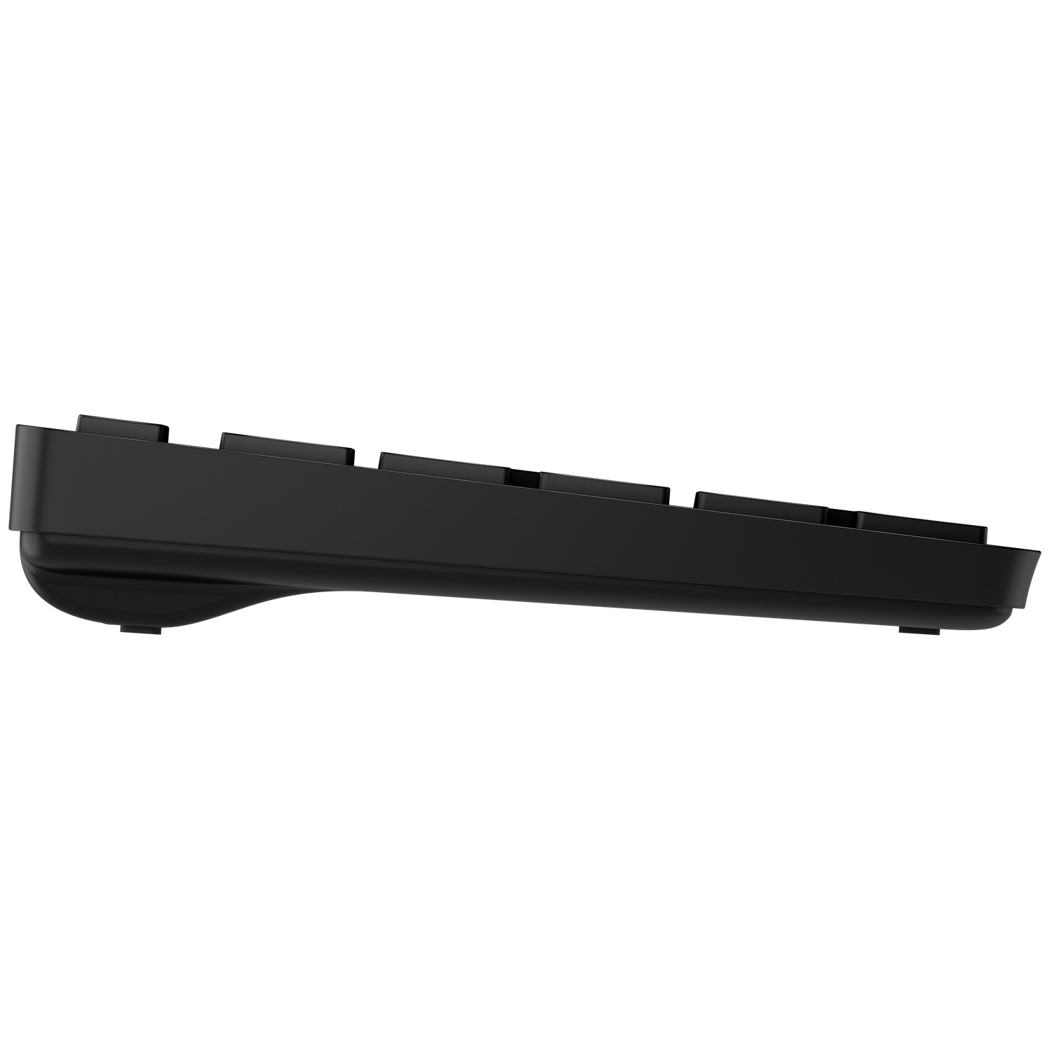 Black keyboard seen from the side, white background.