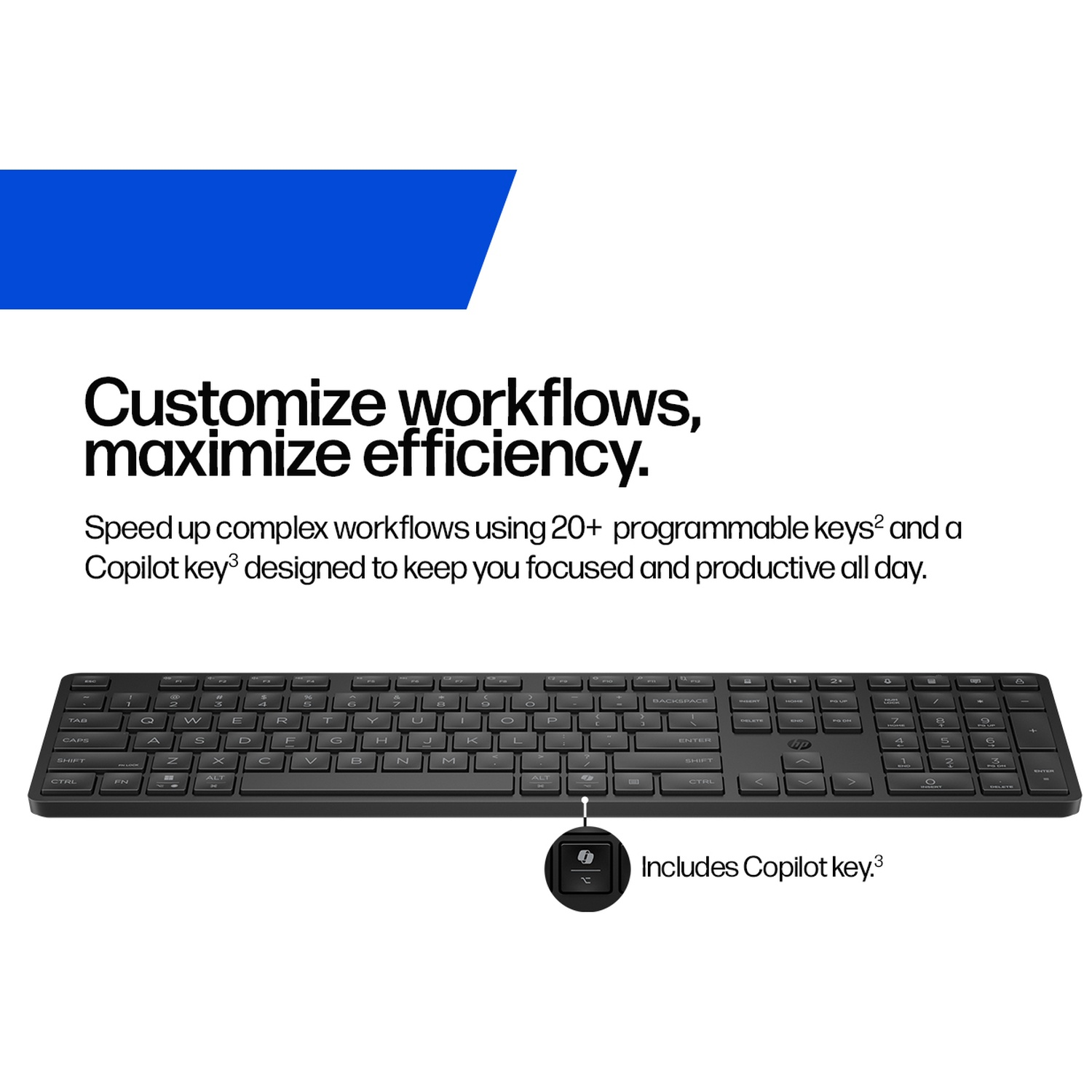 Black keyboard with highlighted Copilot key and text.