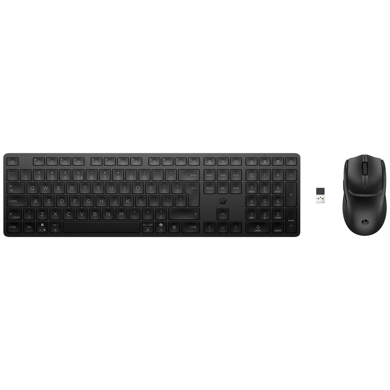 Black keyboard and mouse with USB dongle on a white background.