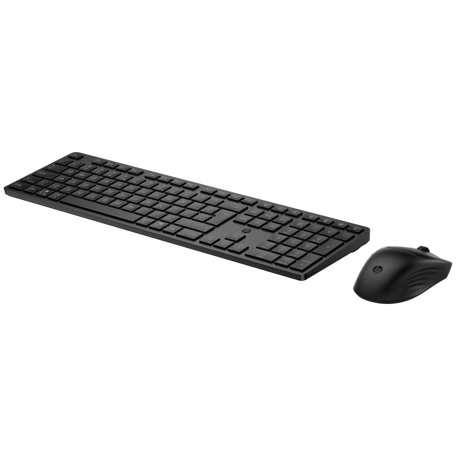 A black wireless HP keyboard and mouse are placed side-by-side.