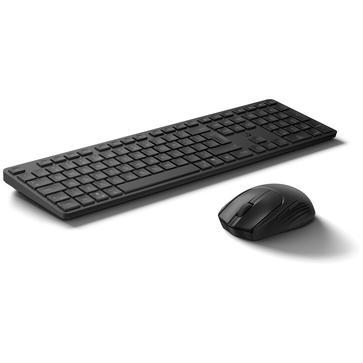 Black wireless keyboard and mouse on a white background.