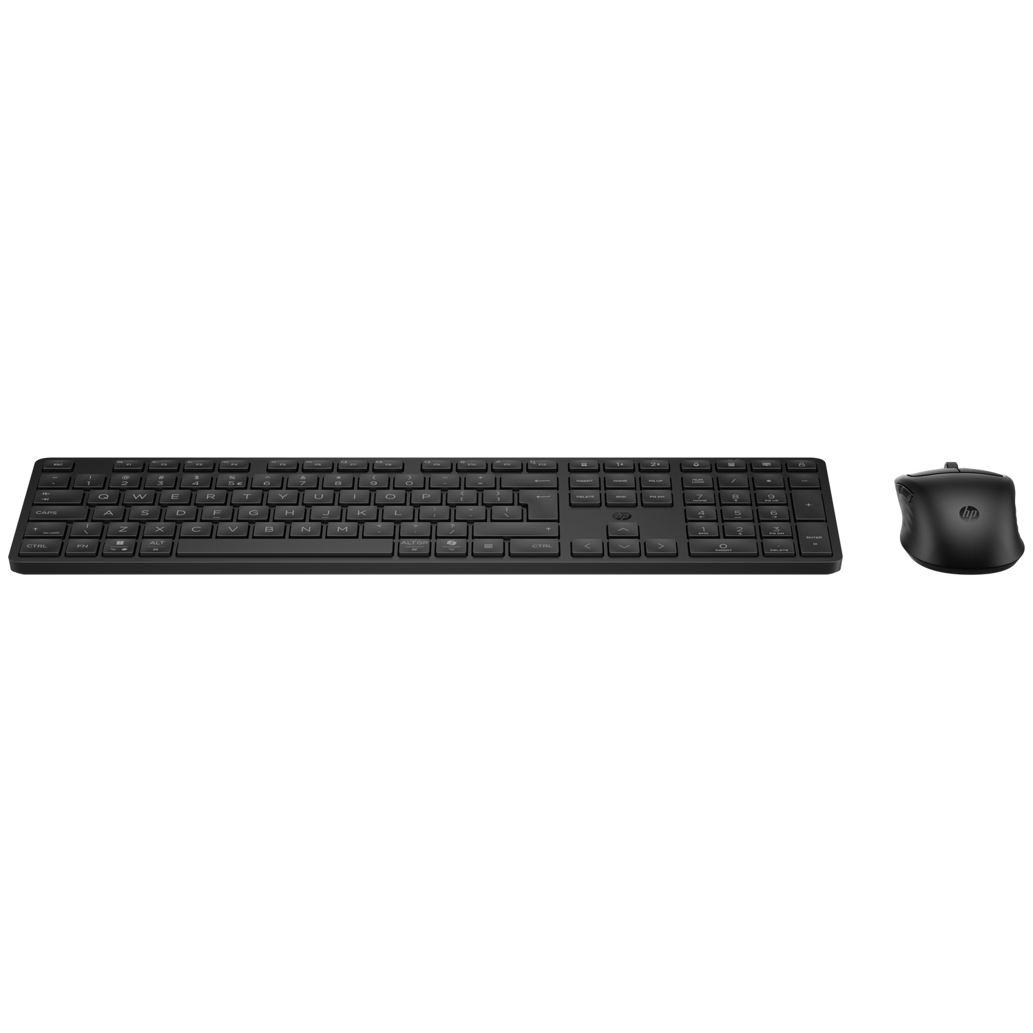 Black keyboard and mouse with HP logo on a white background.