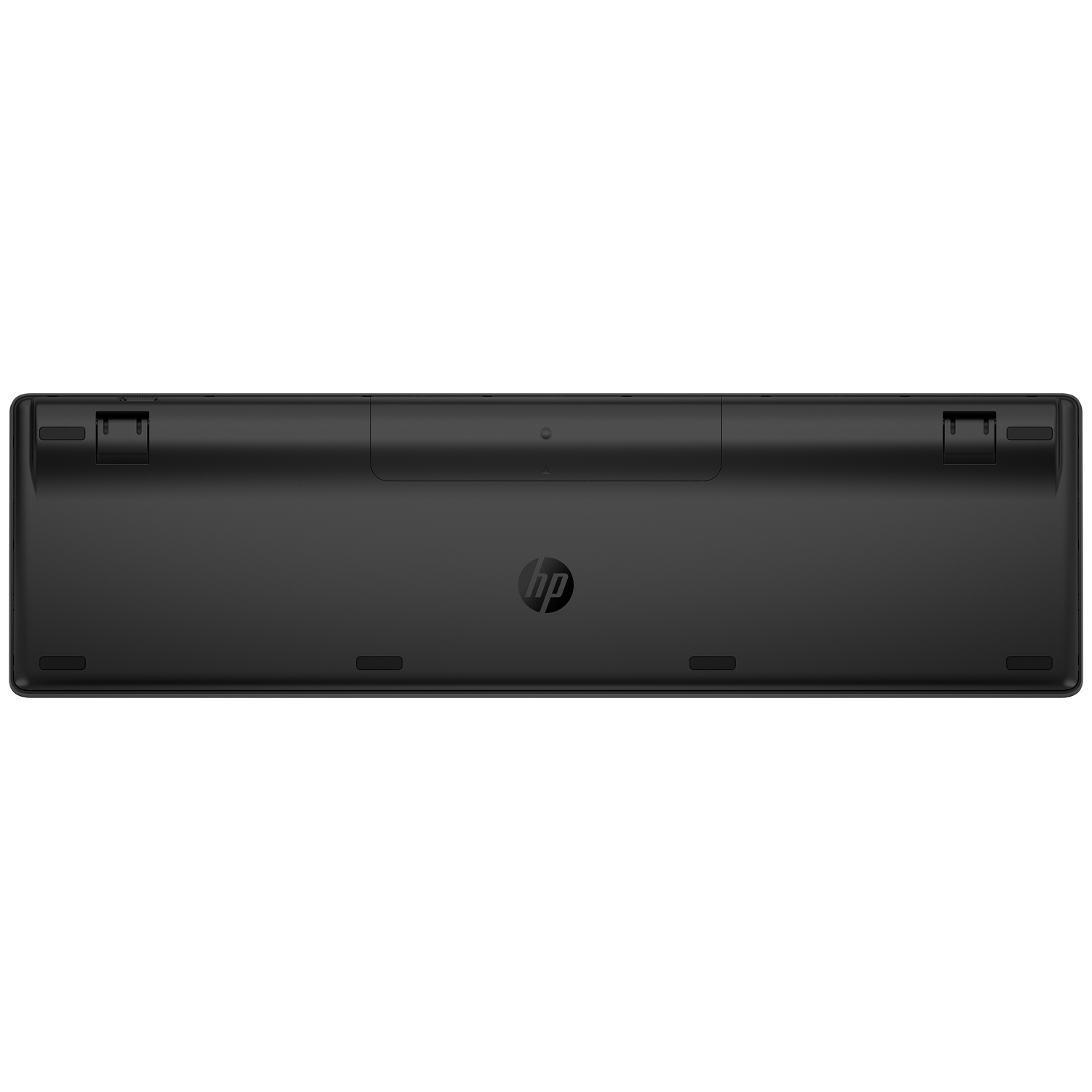Back view of a black HP keyboard with feet extended and HP logo.
