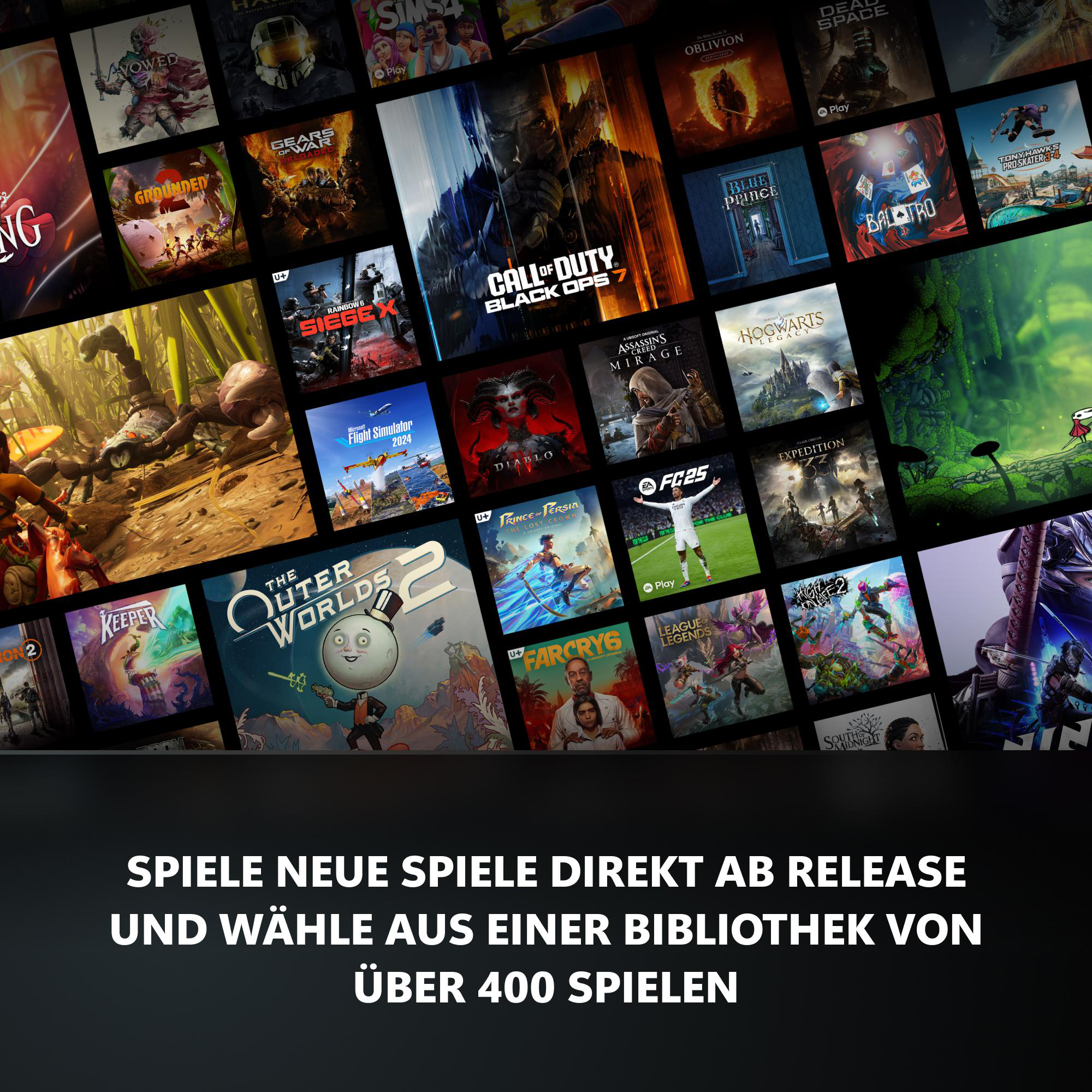 Collage von Videospiel-Covern mit Text: Spiele neue Spiele direkt ab Release.