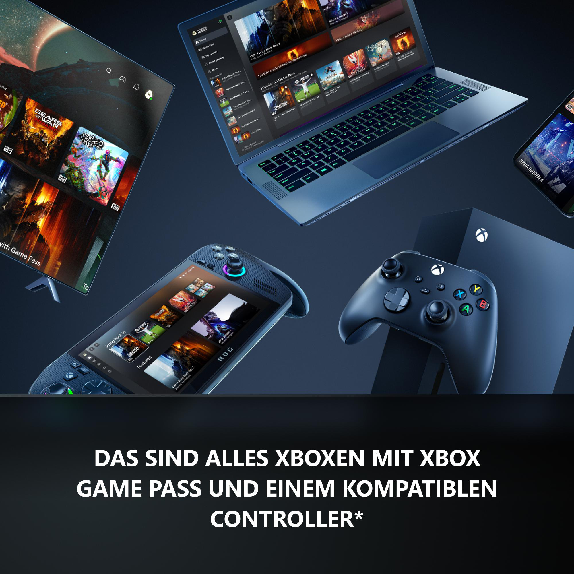 Xbox, Laptop, Controller, Handy und TV mit Spielen