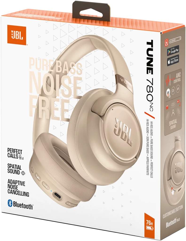 Bézs JBL Tune 780NC fejhallgató dobozban, felsorolt funkciókkal.