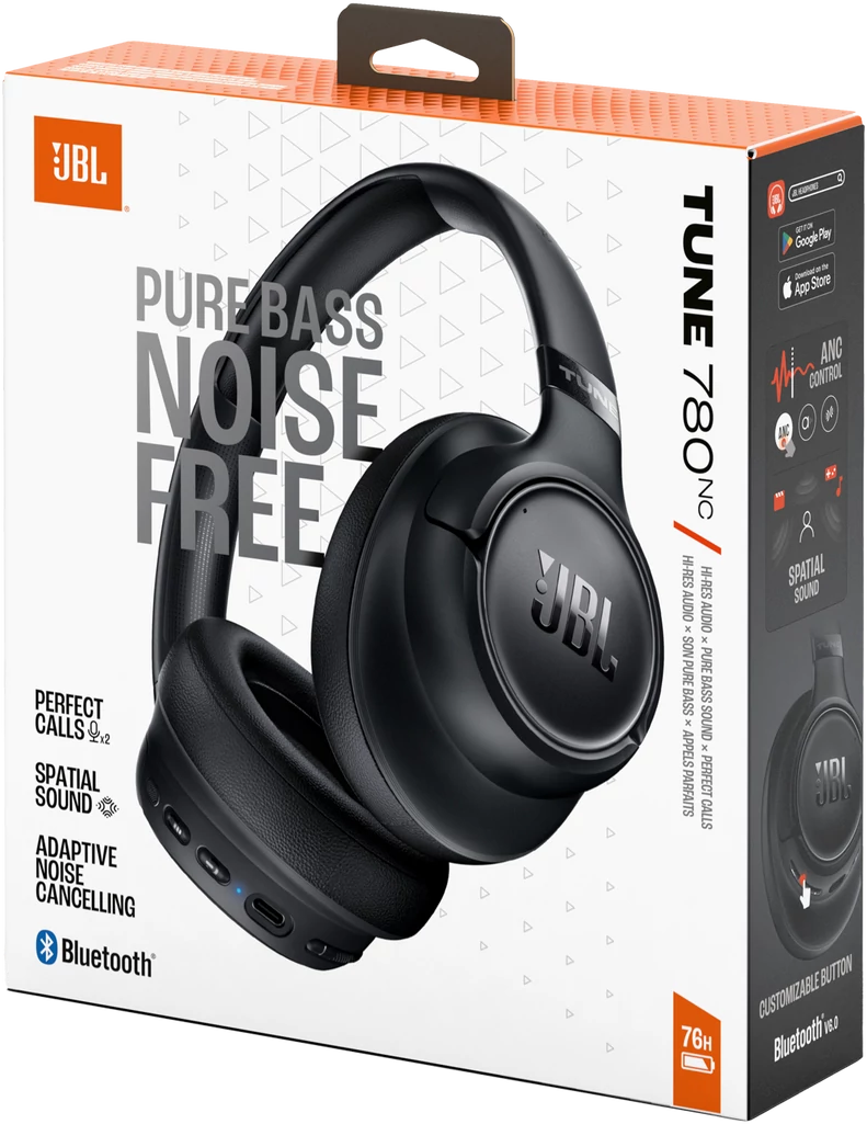 Fekete JBL Tune 780NC fejhallgató doboz termékképpel és szöveggel.