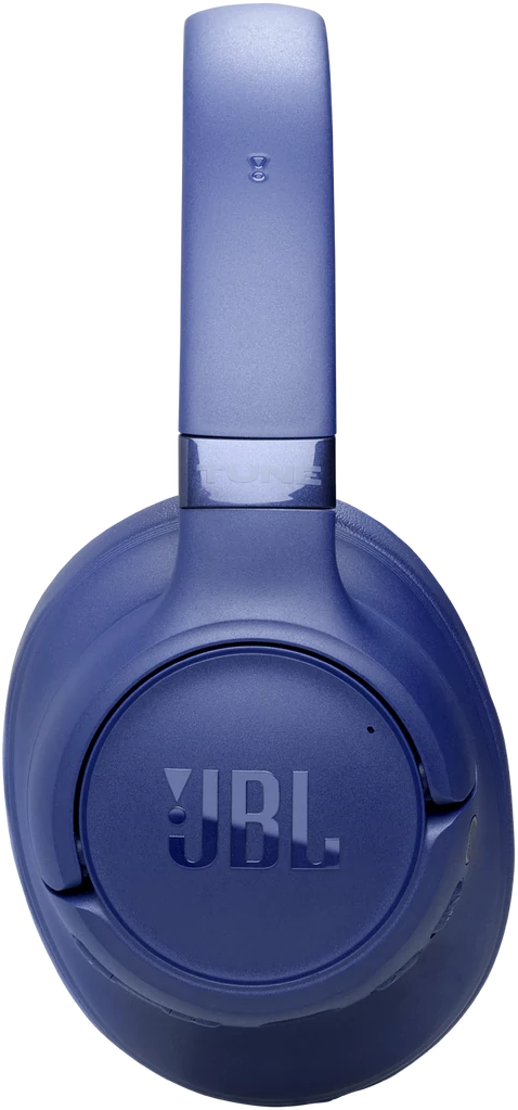 Kék JBL fejhallgató ezüst pánttal. Közelkép a fülkagylóról.