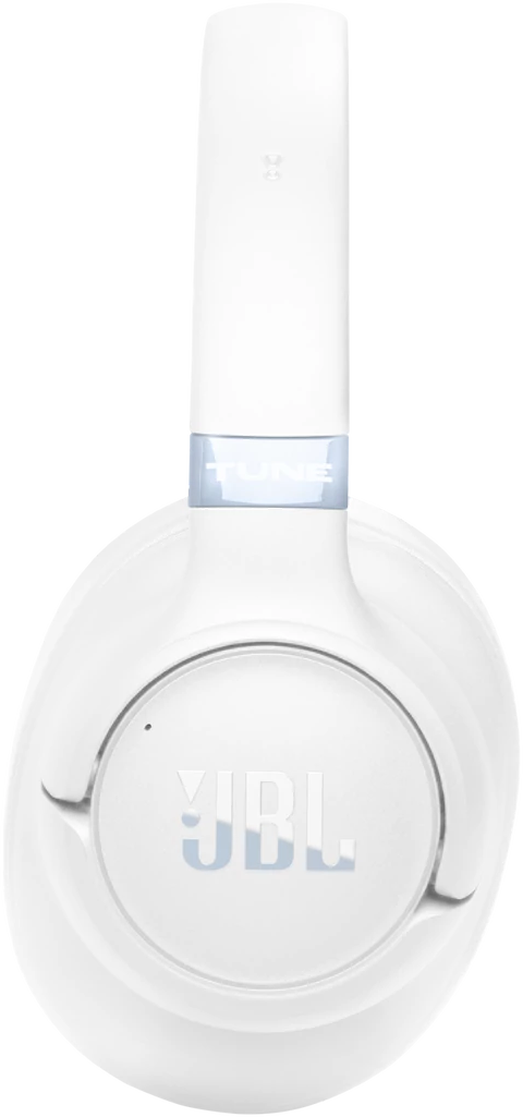 Fehér fejhallgató kék díszcsíkkal és JBL logóval.