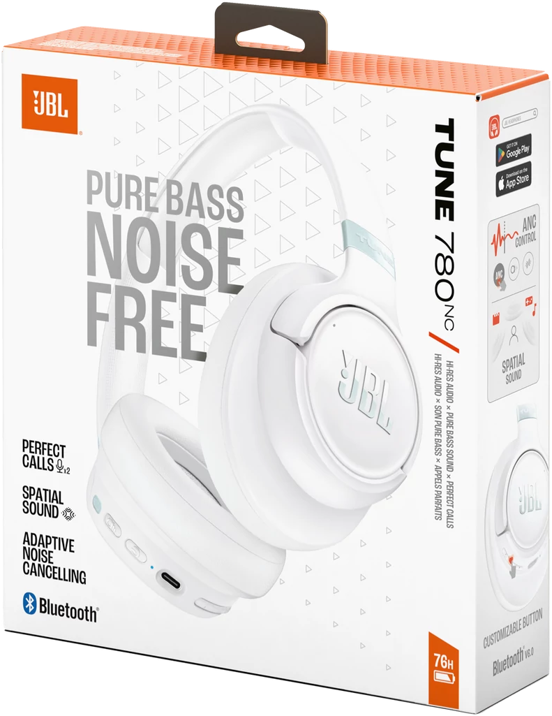 Fehér JBL Tune 780NC fejhallgató csomagolás szöveggel és termékképpel.