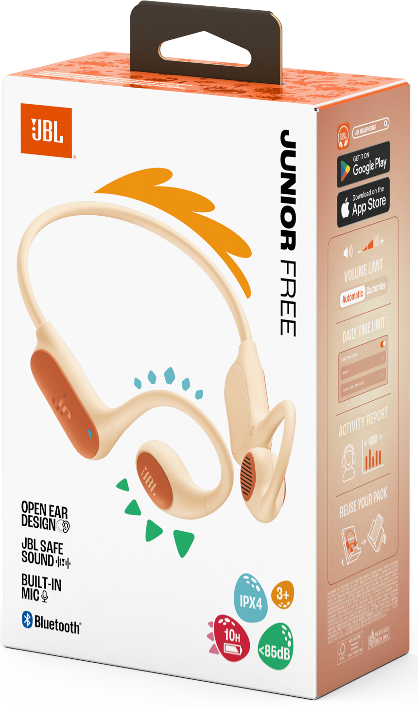 Krémszínű JBL Junior Free fejhallgató narancssárga díszítéssel fehér dobozon.