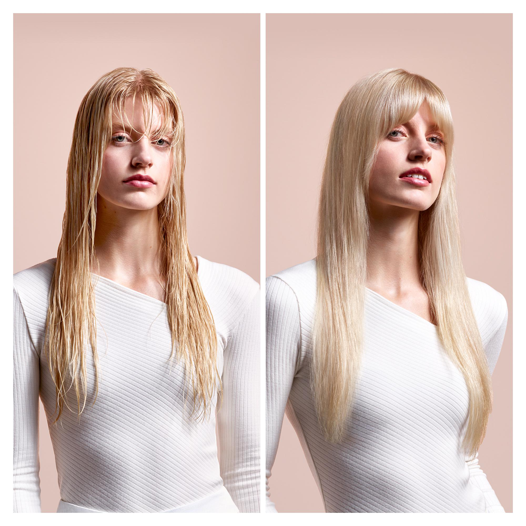 Frau mit nassen, blonden Haaren und Frau mit trockenen, blonden Haaren.