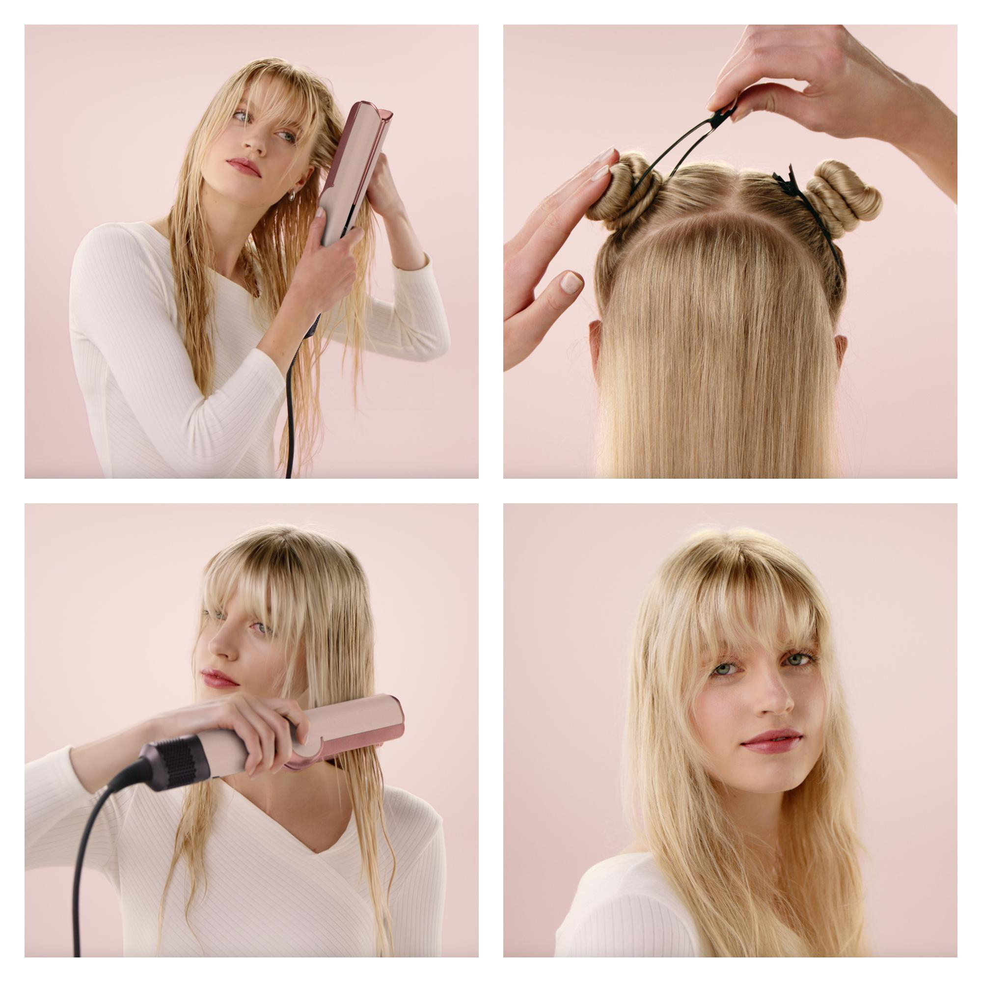 Eine Frau glättet ihr nasses blondes Haar mit einem roségoldenen Glätteisen.