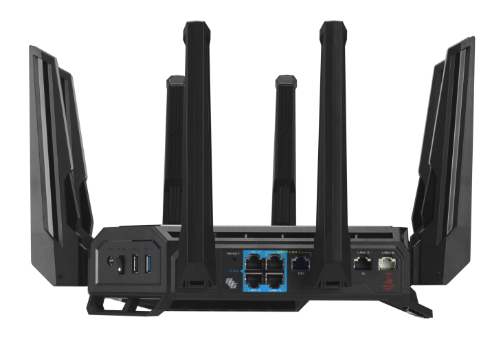 Czarny router z sześcioma antenami i wieloma portami z tyłu.