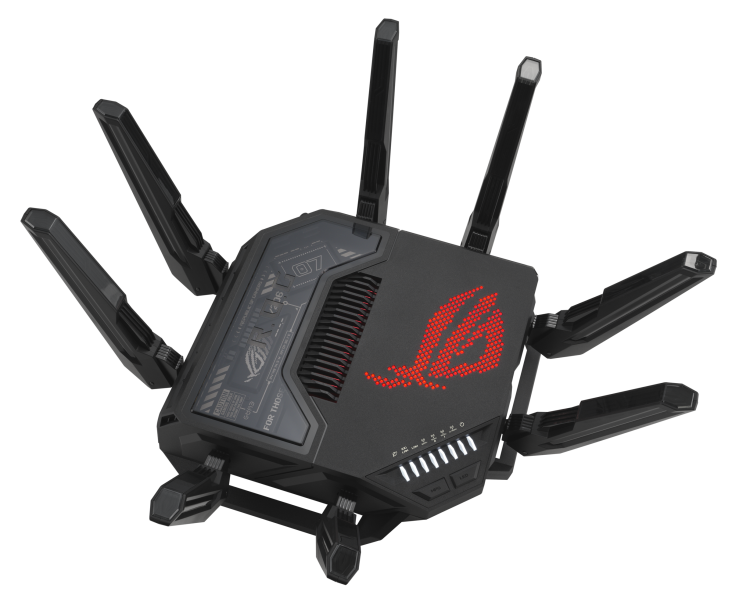 Czarny router ASUS ROG z czerwonym podświetlanym logo i rozłożonymi antenami.
