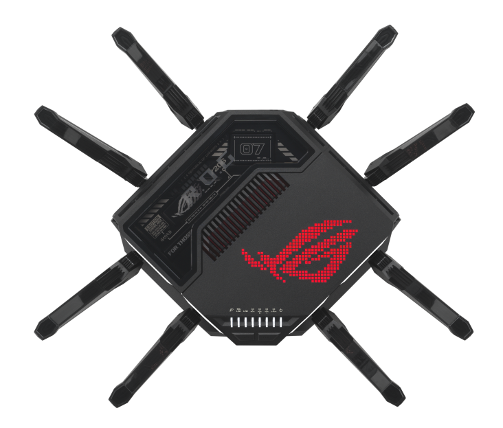 Czarny router z ośmioma antenami i czerwonym logo ROG na czarnym tle.