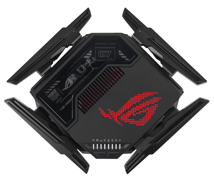 Czarny router gamingowy z czerwonymi światłami i antenami.