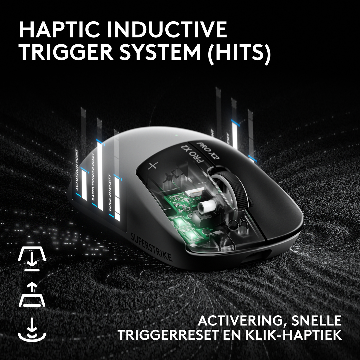 Translucent mouse reveals glowing green components. Haptic Trigger System.