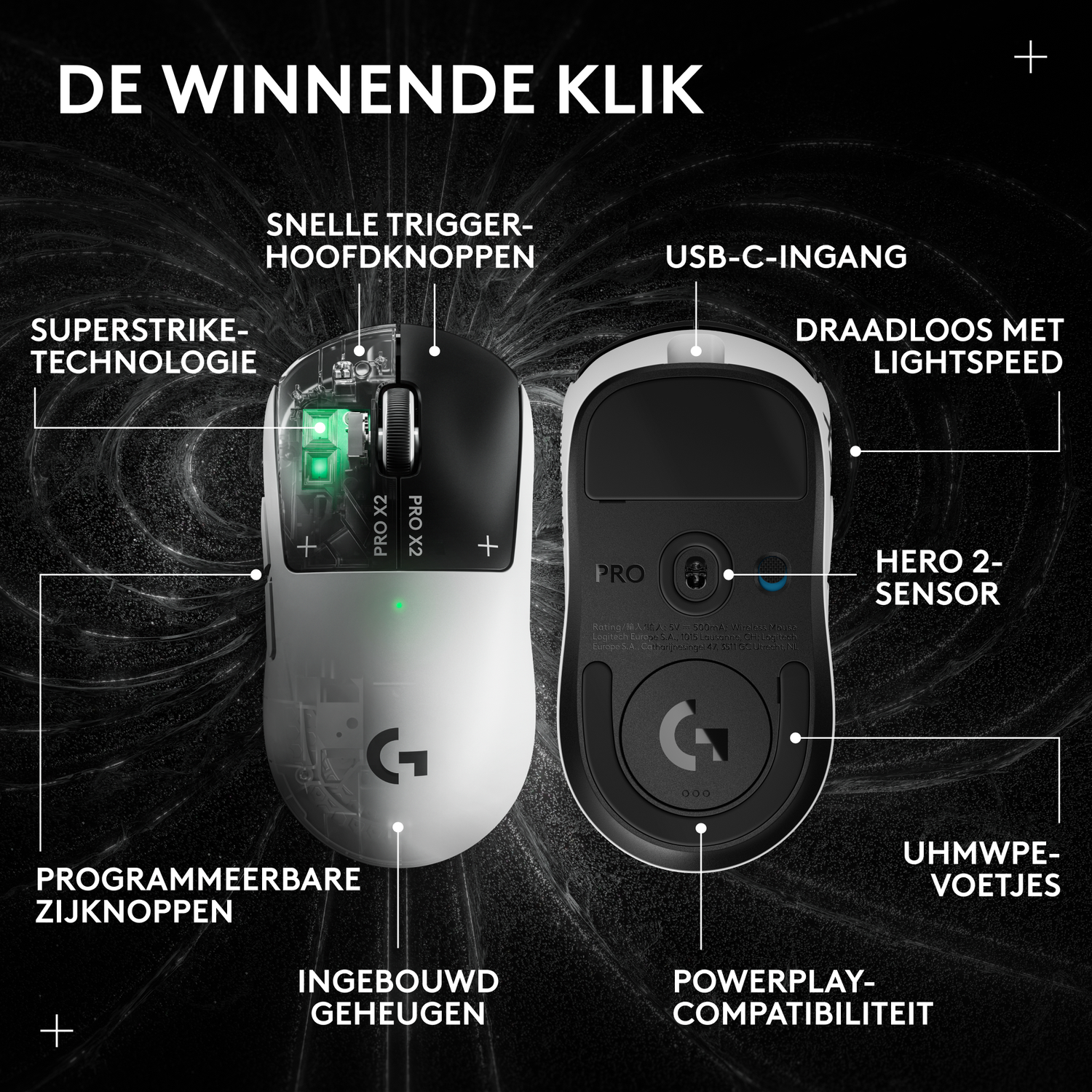 A white Logitech gaming mouse with black accents, highlighting features like Superstrike, USB-C, and HERO sensor.