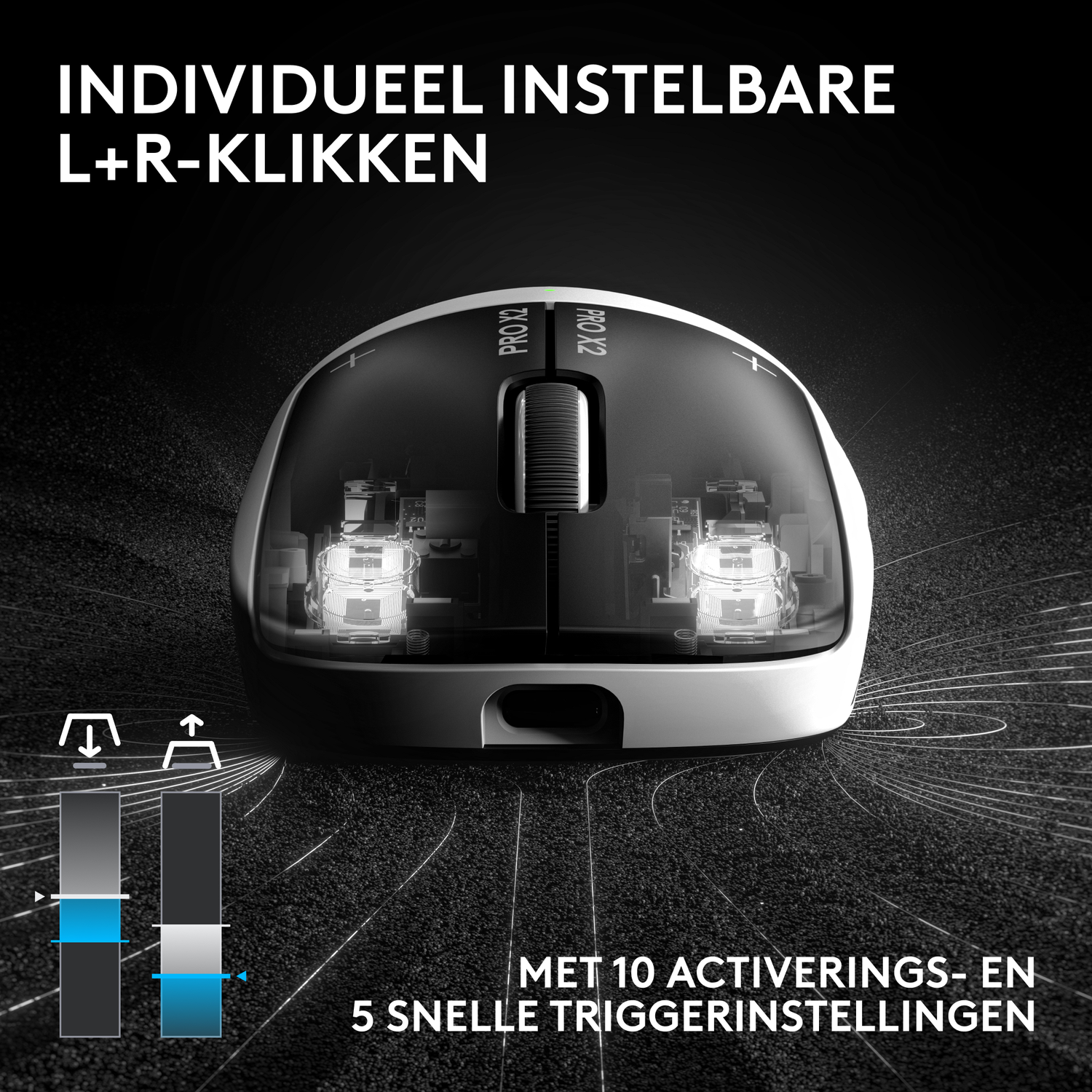 A transparent gaming mouse with visible internal components and setting diagrams.