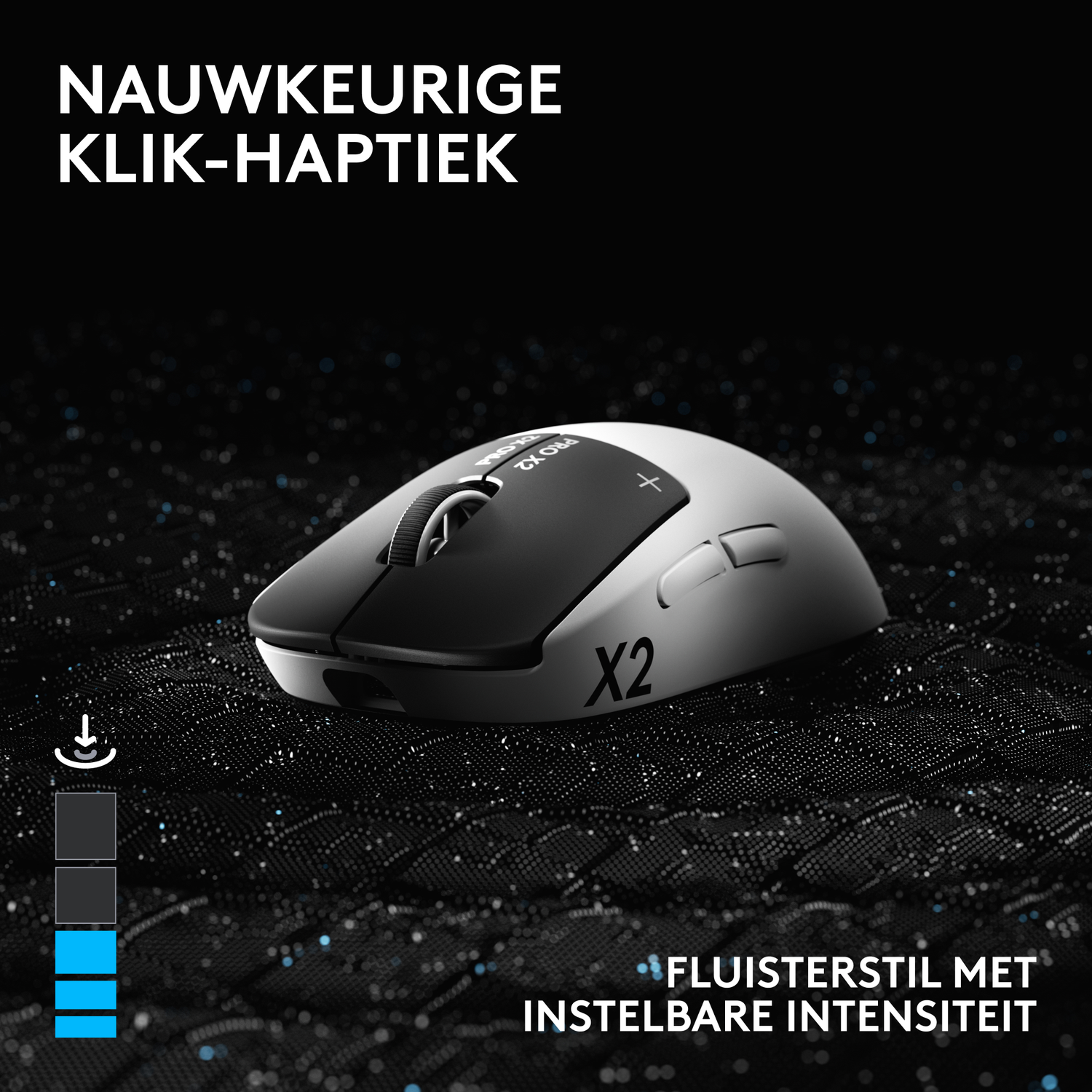 A white and black gaming mouse with X2 text, on a dark background.