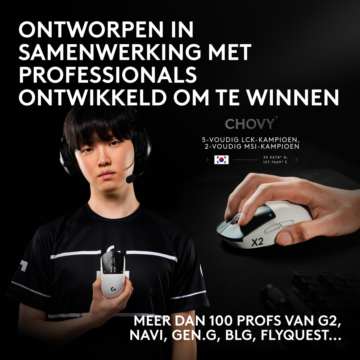 A man with a headset holds a white gaming mouse. Another hand holds a mouse.