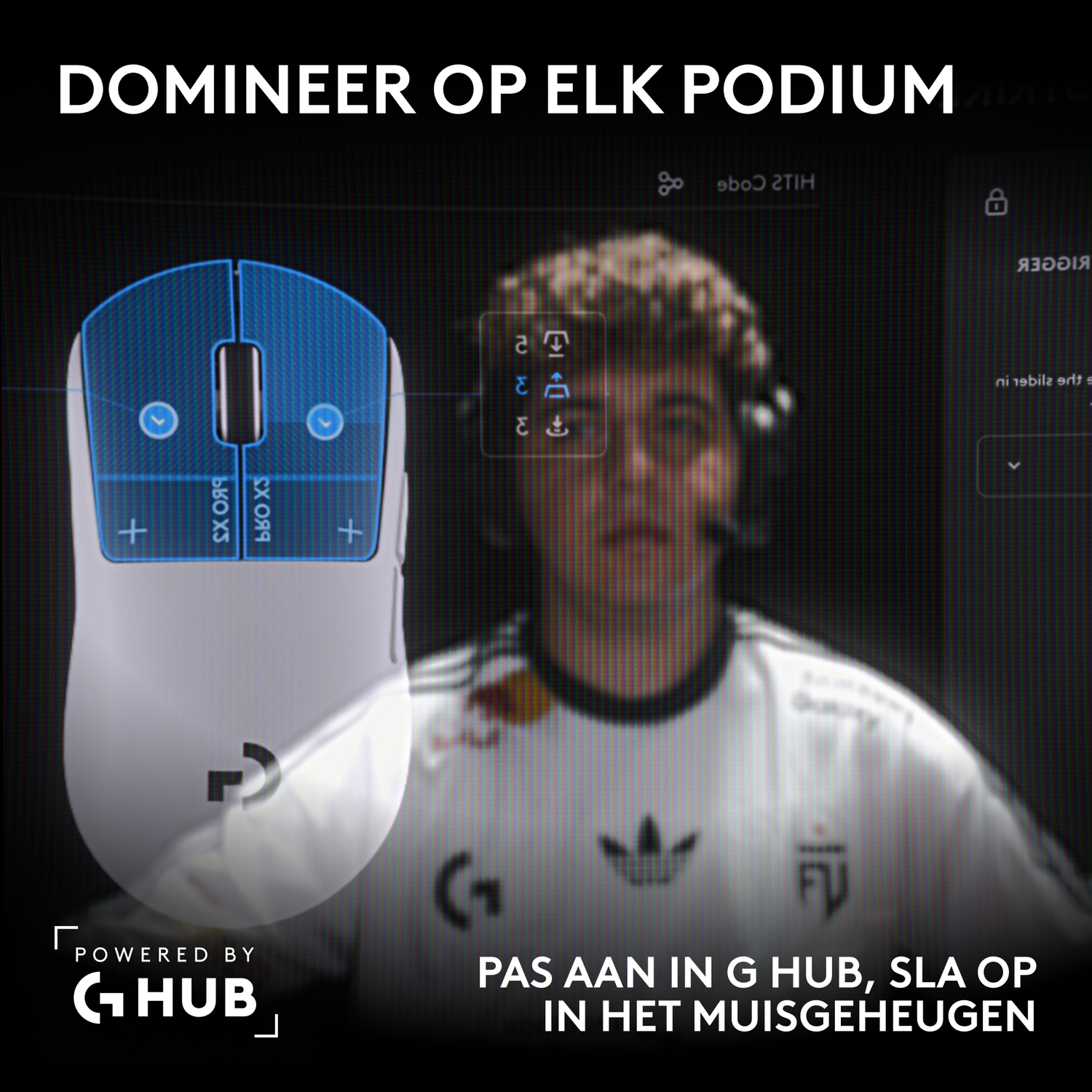 White gaming mouse with blue top, person in background, Logitech G HUB logo.