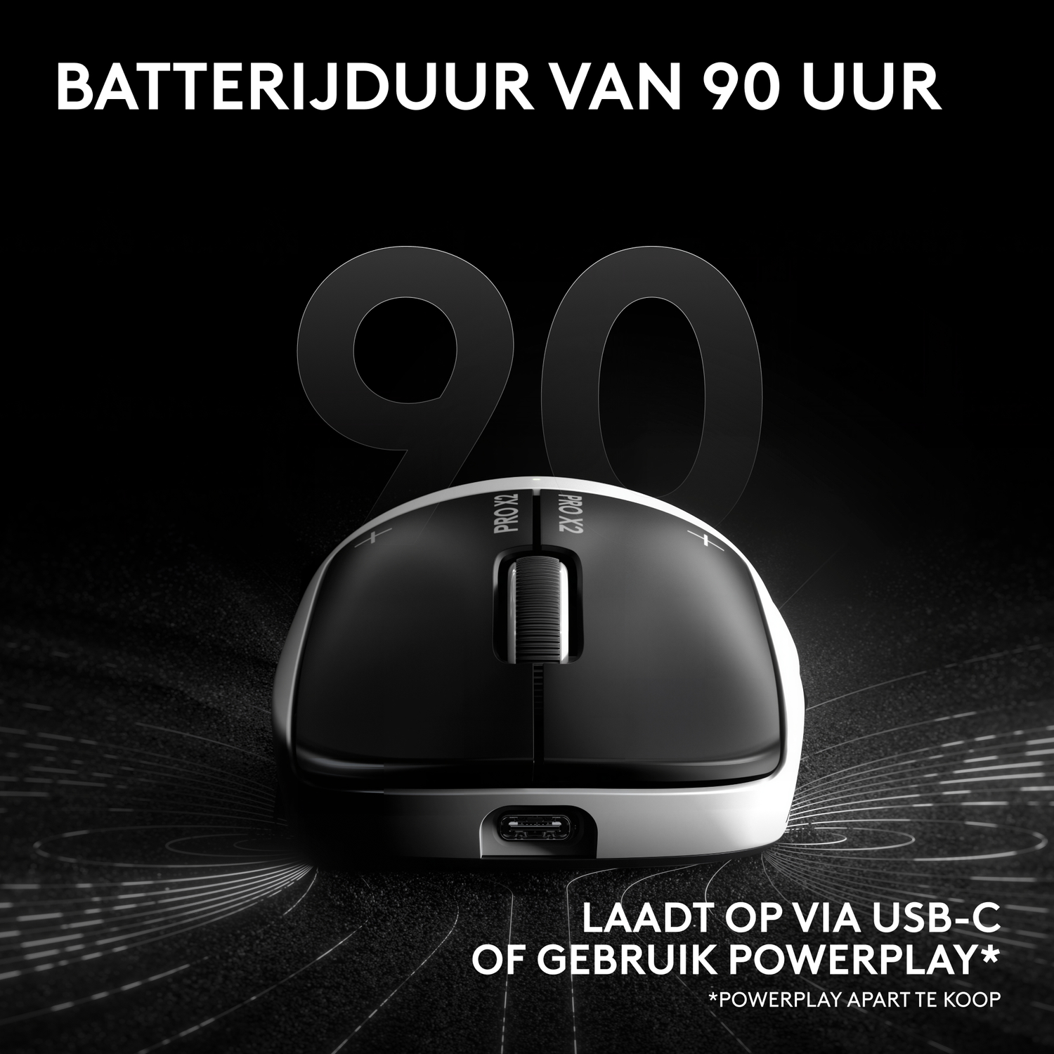 Black mouse with USB-C port and "90" graphic. 90-hour battery life.
