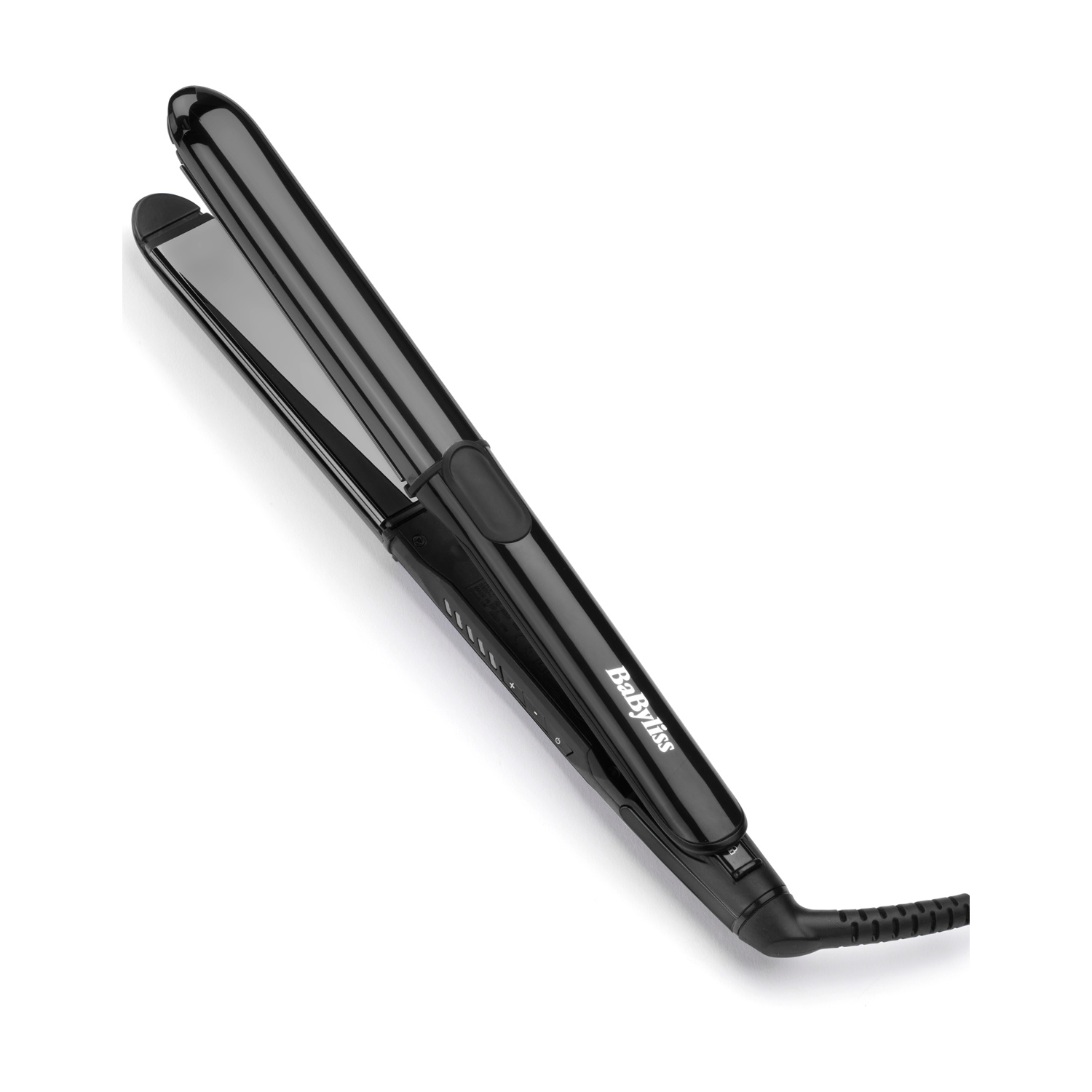 Piastra per capelli nera BaByliss con piastre argentate, su sfondo bianco.
