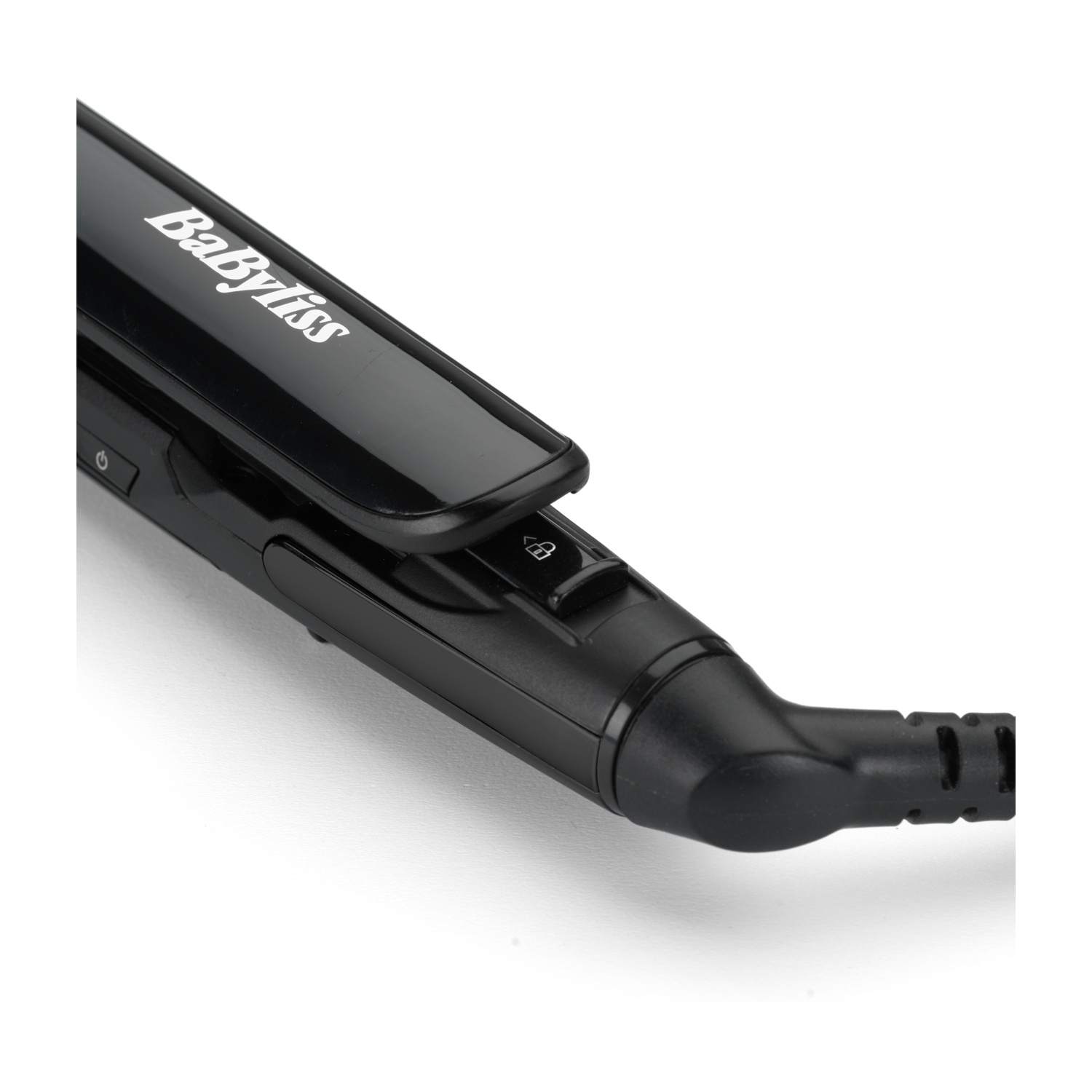 Piastra per capelli Babyliss nera con pulsante di blocco e connessione cavo.