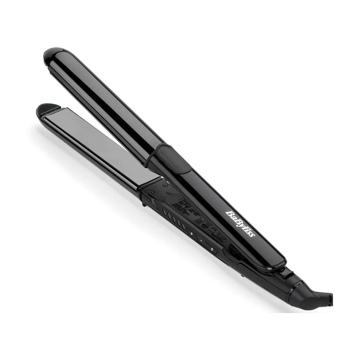 Una piastra per capelli nera BaByliss giace su sfondo bianco.