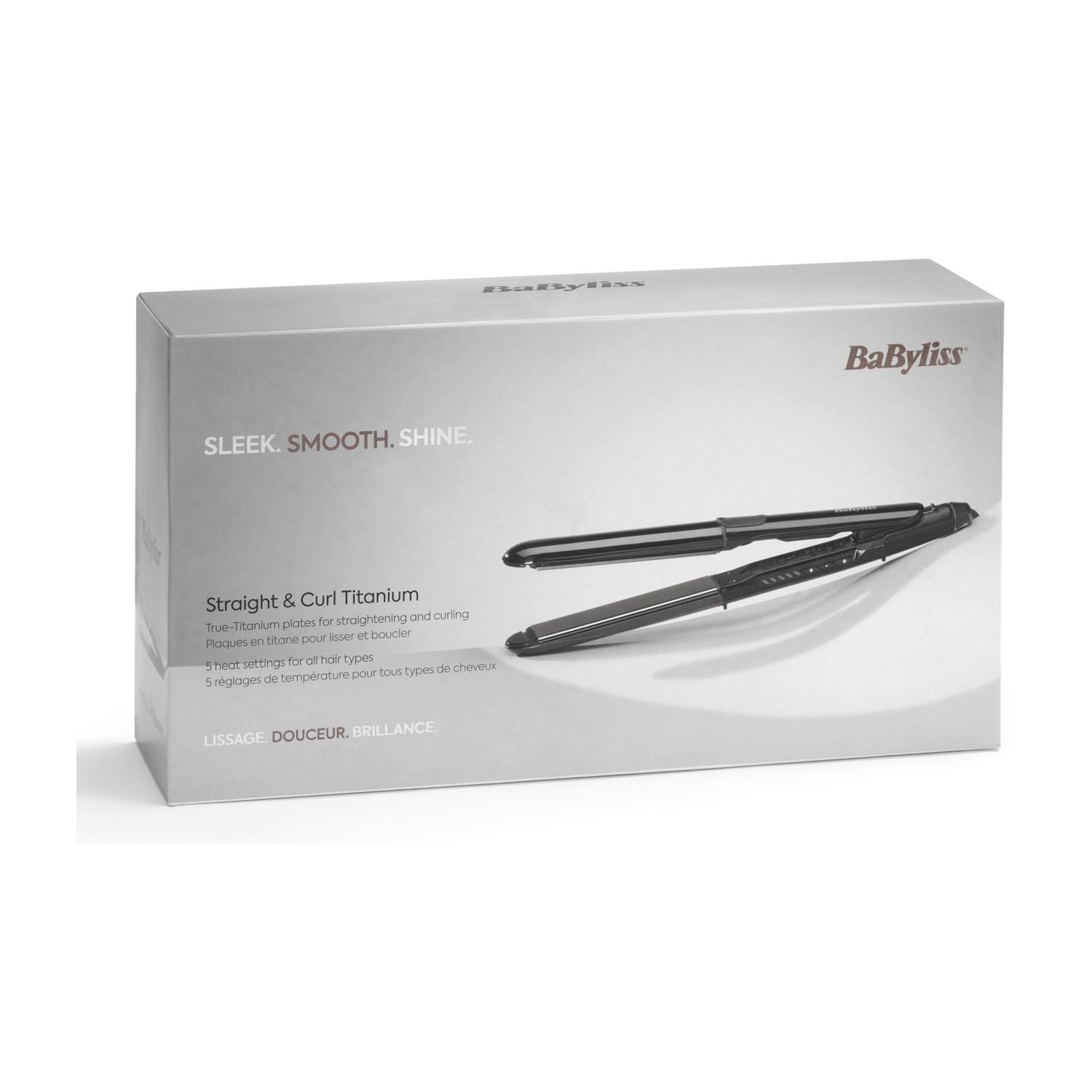 Piastra Babyliss Straight & Curl Titanium su scatola grigia.