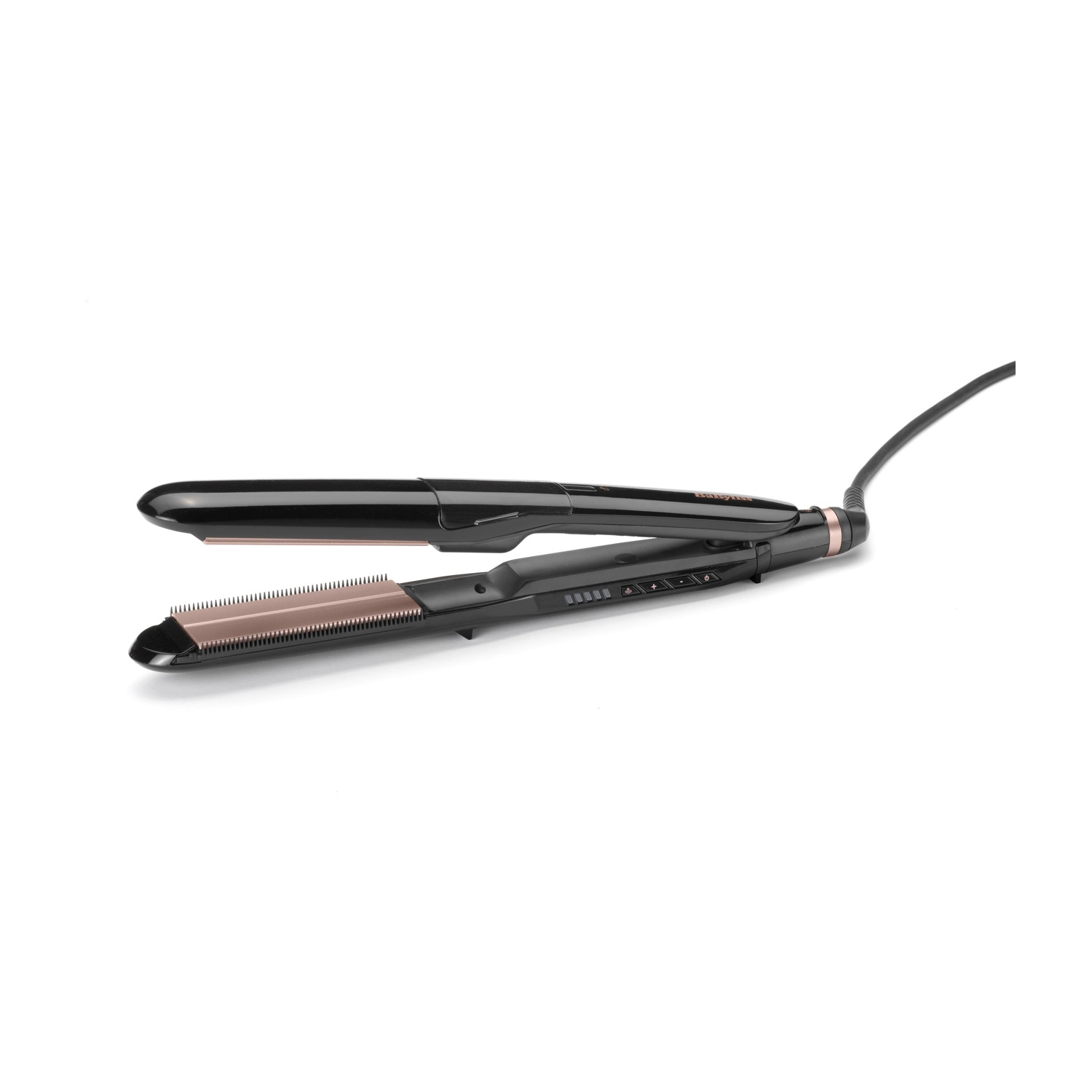 Una piastra per capelli nera con accenti oro rosa e un cavo.
