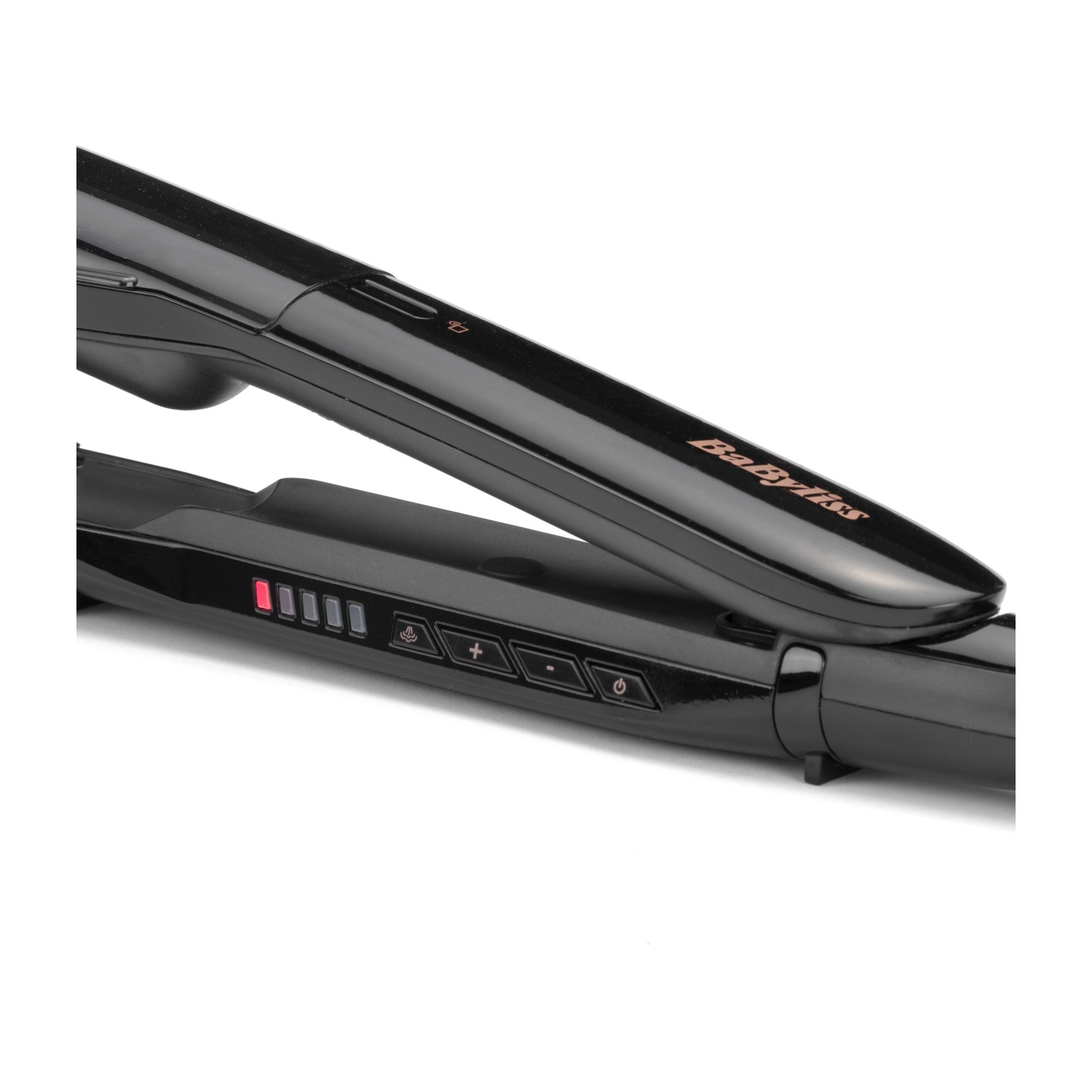 Piastra per capelli nera con LED rossi e controlli, logo "Babyliss".