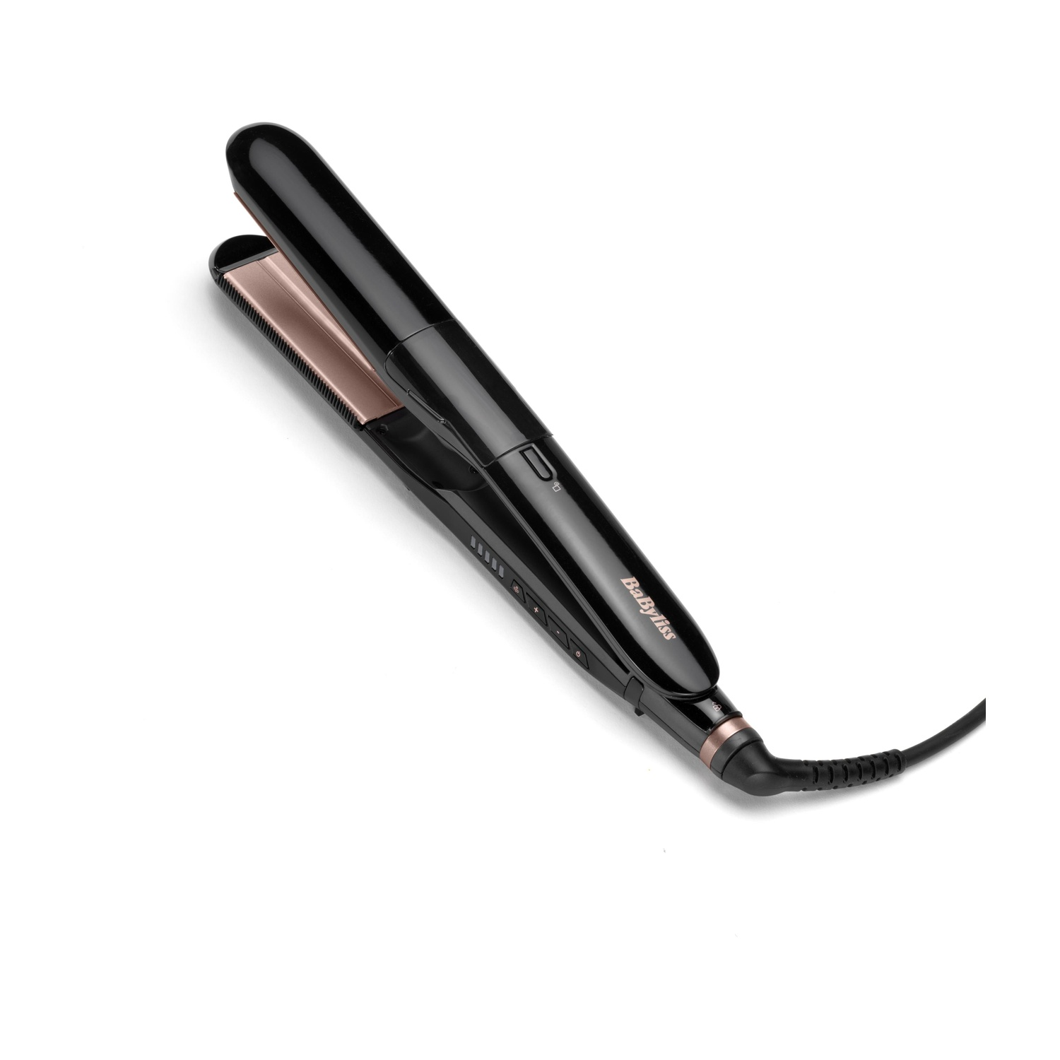Piastra per capelli nera con piastre color oro rosa e logo BaByliss.