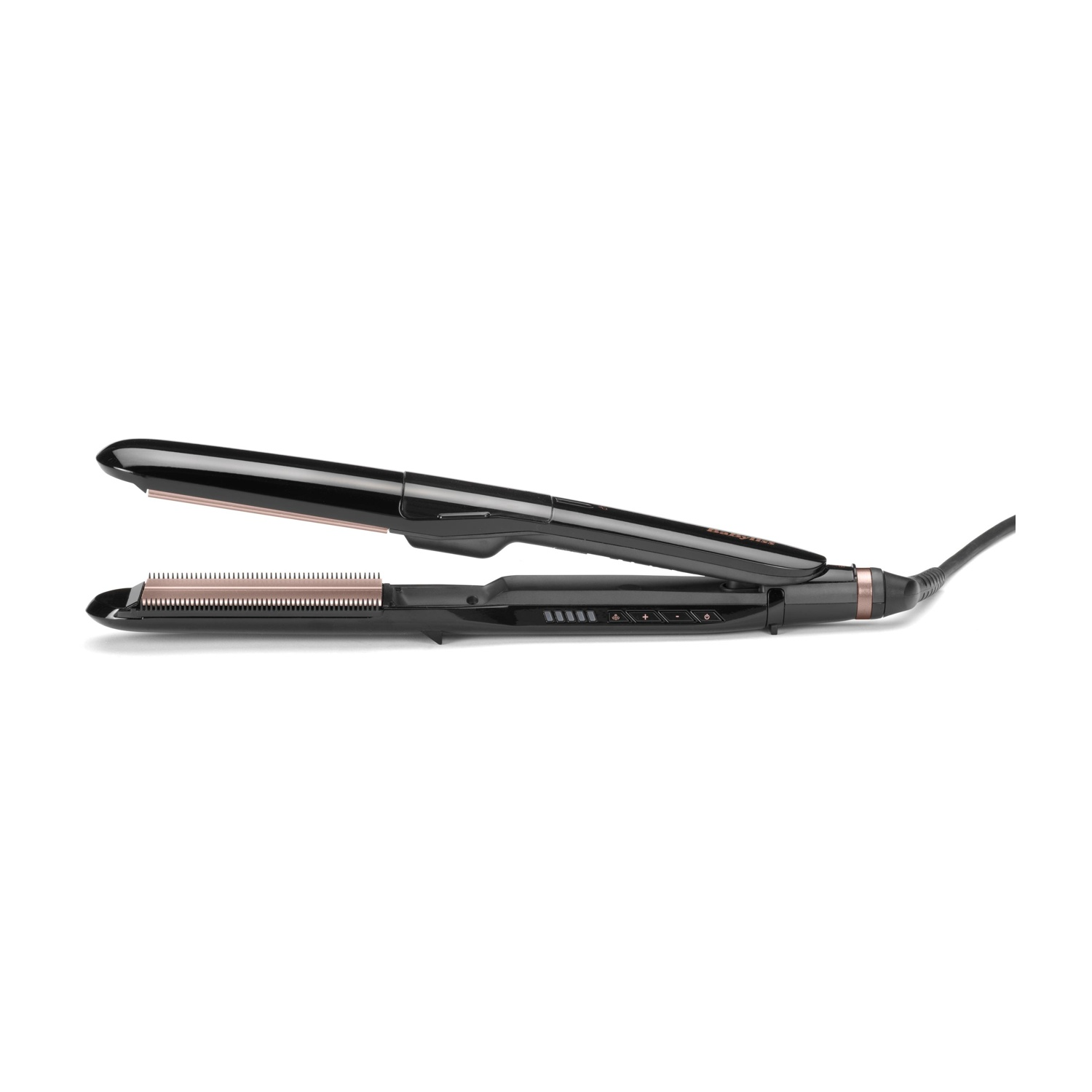 Piastra per capelli nera con accenti oro rosa e accessorio pettine su sfondo bianco.