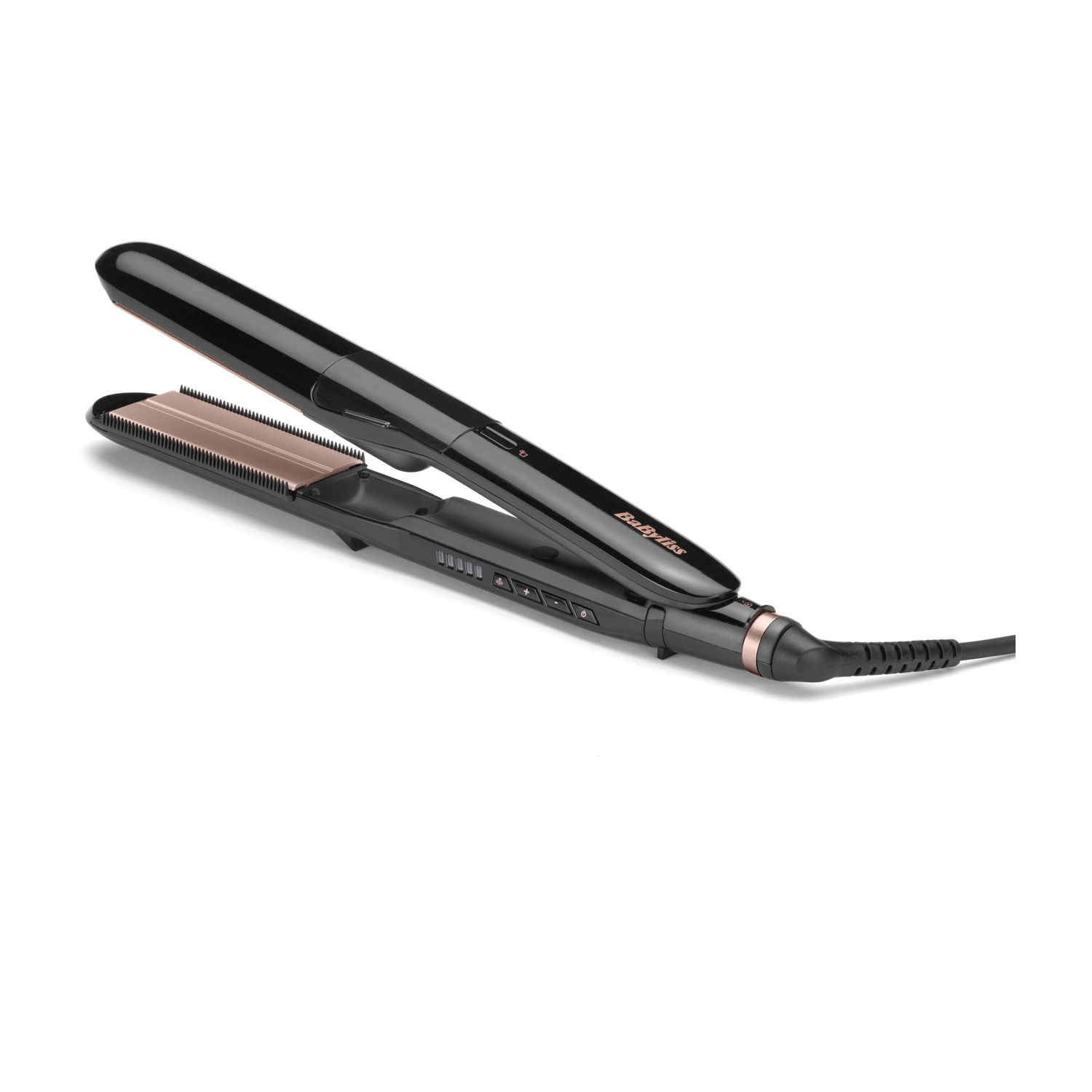 Spazzola lisciante nera BaByliss con piastre oro rosa, aperta, su bianco.