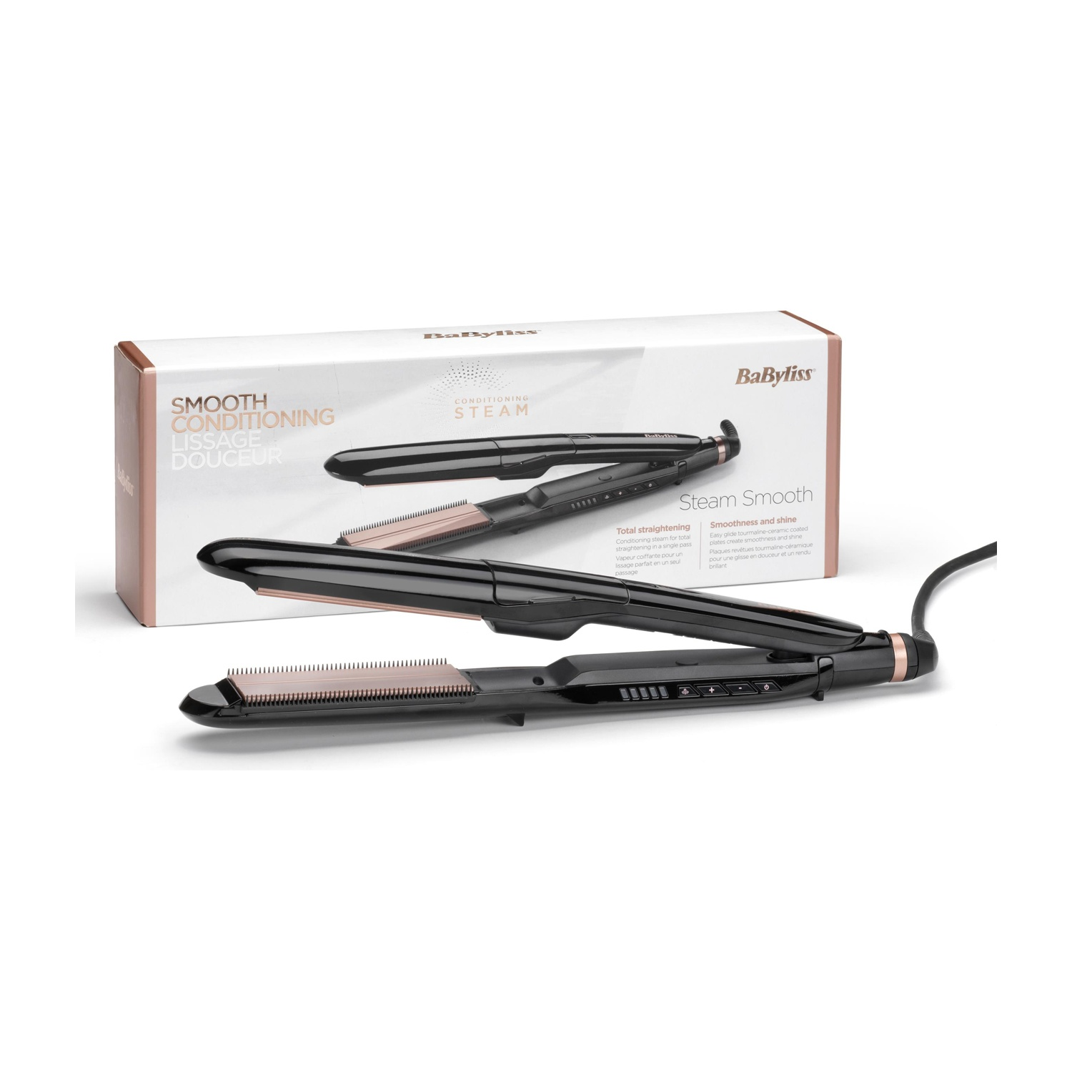 Una piastra a vapore BaByliss nera con accenti oro rosa su sfondo bianco.