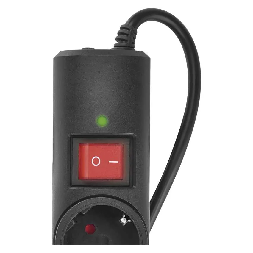 Fekete elosztó piros kapcsolóval és zöld LED-del. Kábelcsatlakozás.