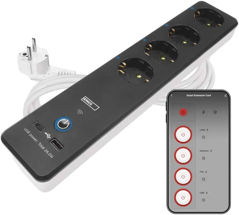 EMOS GoSmart hosszabbító kapcsolóval, 4 aljzat, 2m, USB, fehér-fekete (P1422SM)