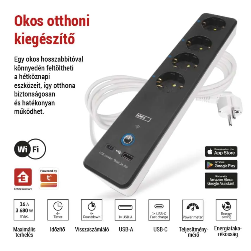 Fekete elosztó 4 aljzattal és 2 USB porttal, Wi-Fi ikon.