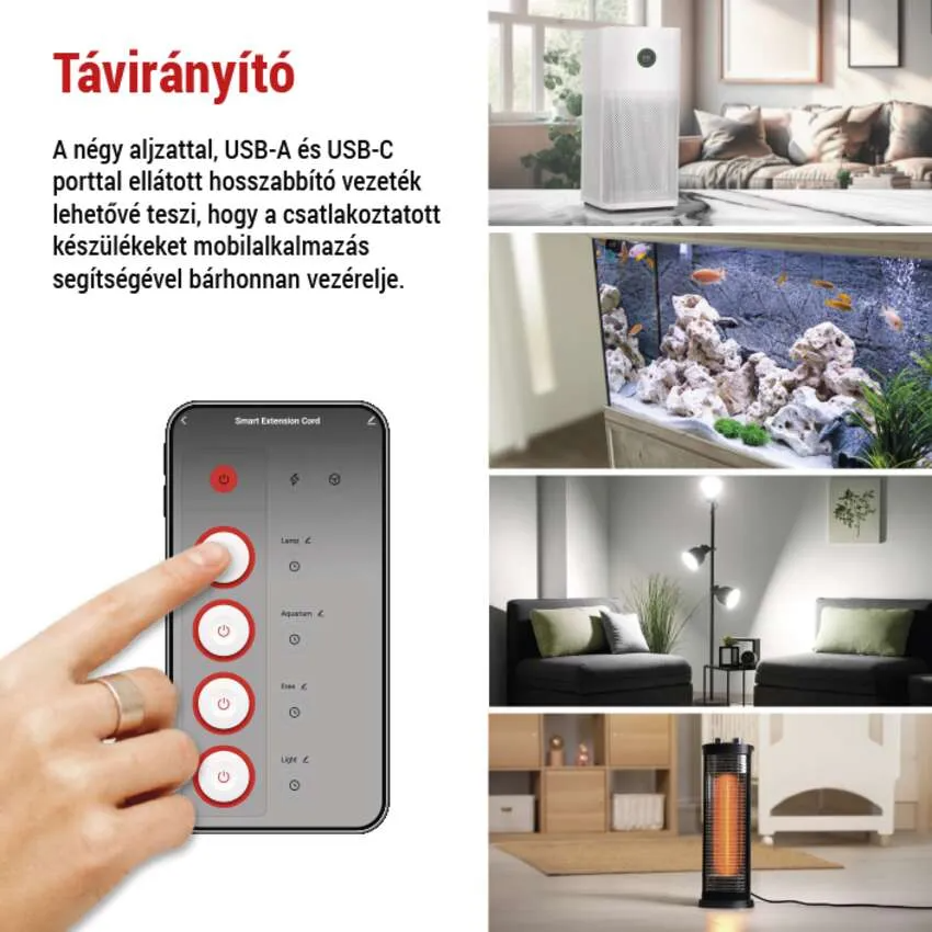 Távirányító app felület, légtisztító, akvárium és fűtőeszközökkel.